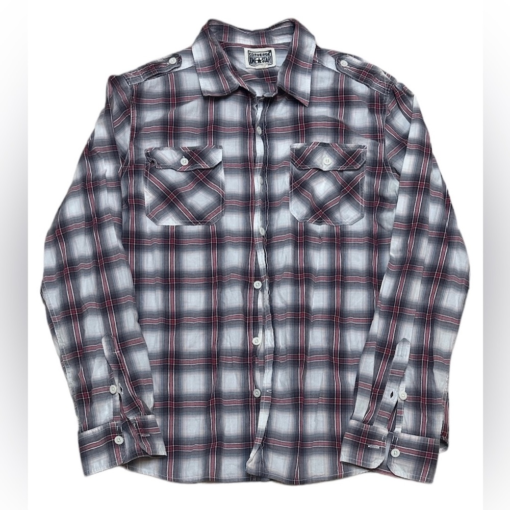 Converse One Star Button Up Men’s L Red Grey Plaid Flannel Pocket Shirt RN17730